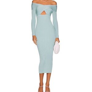 SELF PORTRAIT Ribbed Knit Crossover Bust Midi Dress